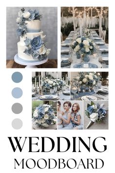 wedding mood board with blue and white flowers