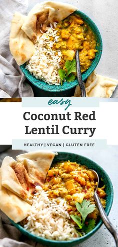 two bowls filled with coconut red lentil curry