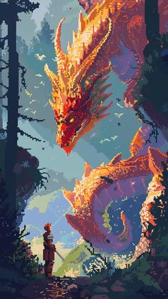 a pixellated image of a man standing in front of a dragon flying above him