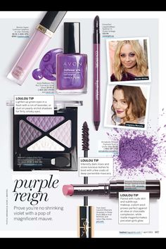 an advertisement for purple reign cosmetics with makeup products on it and pictures of women's faces