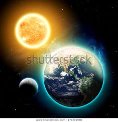 an image of the sun and earth from space with stars in the background - stock photo