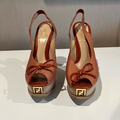 Fendi Python Orange Peep-Toe Slingback Pumps Size 37 5.5 Inch Heel Worn Once Soles Are The Only Areas That Show Wear Luxury Brown High Heel Slingback Pumps, Luxury Brown Slingback Heels, Luxury Brown Round Toe Slingback Pumps, Luxury Brown Slingback Pumps With Round Toe, 5 Inch Heels, Fendi Shoes, Slingback Heel, Slingback Pump, Python