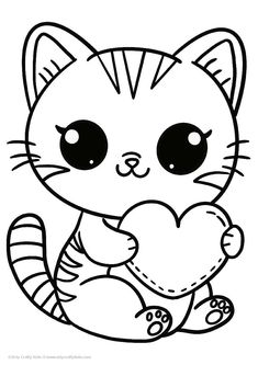 a cute cat holding a heart coloring page