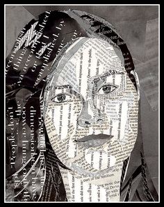 a woman's face is made out of newspaper strips and words in black and white