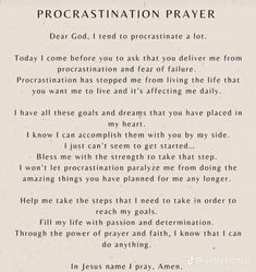 a poem written in black and white with the words procrastination prayer on it