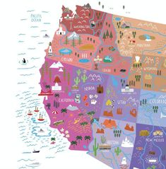 an illustrated map of the state of california with all its major cities and towns in it