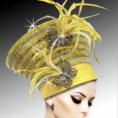 Make A Regal Statement At Summer, Church, Wedding, And Other Events With This Stunning Masterpiece. Crafted With The Finest Materials And Adorned With Dazzling Jewels, Feathers, And Intricate Details, This Hat Is Sure To Turn Heads And Set You Apart As The Epitome Of Sophistication. Step Into The Spotlight And Exude Class And Grace With The Exquisite Yellow Couture Feathered Jeweled Crown Regal Hat - A Must-Have Accessory For Those Who Appreciate The Finer Things In Life. Elevate Your Summer Sty Summer Church Wedding, Yellow Couture, Special Occasion Hats, Church Suits And Hats, Classy Hats, Happy Hat, Occasion Hats, Church Events, Elegant Hats