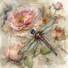 a dragonfly sitting on top of a flower next to pink roses and peonies