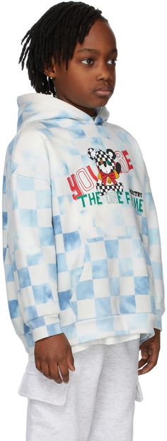 Long sleeve cotton-blend fleece hoodie checked in blue and off-white. Logo graphic printed in multicolor at front. · Kangaroo pocket at waist · Rib knit cuffs and hem · Dry clean Model measures 51 / 129.5 cm tall and wears size 8-9Y. Supplier color: Blue Size: child's height 4-5Y: 43.5 / 110 cm 6-7Y: 47 / 120 cm 8-9Y: 51 / 130 cm 10-11Y: 55 / 140 cm 12-13Y: 59 / 150 cm Blue Cotton Hoodie With Graphic Print, Blue Cartoon Print Hoodie For Streetwear, Plaid Cotton Hoodie For Streetwear, Plaid Cotton Hooded Hoodie, Casual Plaid Cotton Sweatshirt, Casual Cotton Plaid Sweatshirt, Bear Hoodie, Blue Vintage, Knit Cuff