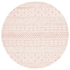 a round rug with pink and white designs on the inside, in front of a white background