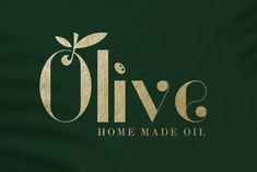 olive home made oil logo on dark green t - shirt with gold foiling and leaves