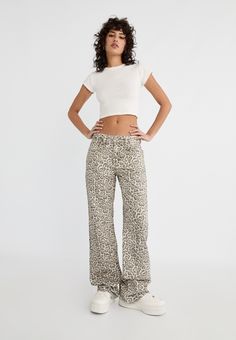 Straight leopard print trousers - Women's Trousers | Stradivarius United States Wide Leg Cotton Bottoms In Leopard Print, Cotton Wide Leg Leopard Print Pants, Wide Leg Leopard Print Bottoms With Pockets, Leopard Print Wide Leg Bottoms With Pockets, Straight Leg Cotton Pants In Leopard Print, Trendy Cotton Leopard Print Pants, Trendy Leopard Print Pants With Pockets, Printed Trousers, Women's Trousers