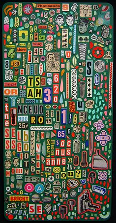 a painting with many different stickers on it