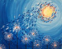 a painting of dandelions blowing in the wind