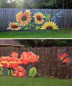 two pictures of the same fence with flowers and butterflies painted on it