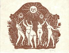 three nude women standing in front of a sun with flowers on it's head