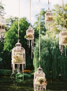 an assortment of birdcages with flowers hanging from the ceiling in front of water