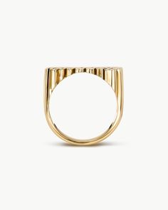 Spell it out in solid gold. While nameplates have no singular origin, much of the nameplate jewelry you see today stems from the iconic Fulton Street in Brooklyn during the 80s and 90s. Today, we pay homage to this legacy with a modern approach and bold, spirited design which we are honored + excited to share. This ring is made in 14k gold and is intentionally designed completely solid (no hollow rings here). With each ring weighing in around 9-12 grams, they boast a distinctive weight you can f Modern Gold Brass Signet Ring, Modern Gold Engraved Ring, Modern Brass Signet Ring, Modern Brass Signet Ring With Polished Finish, Retro Rings With Polished Finish For Formal Occasions, Retro Formal Rings With Polished Finish, Modern Brass Ring With Polished Finish, Retro Polished Rings For Formal Events, Modern Brass Rings With Polished Finish