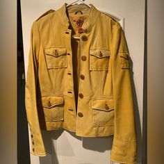 Authentic Tory Burch Sergeant Leather Jacket Size 10. A True Statement Peace. Buttery Soft Leather Mustard Light Yellow With Big Tory Buttons All Over. Worn Handful Of Times. From Smoke Free And Pet Free Home. Fitted Yellow Casual Biker Jacket, Yellow Long Sleeve Spring Biker Jacket, Yellow Button-up Outerwear With Buttons, Yellow Fitted Button-up Outerwear, Luxury Single-breasted Yellow Outerwear, Light Yellow, Leather Jackets, Yellow Orange, Orange Yellow