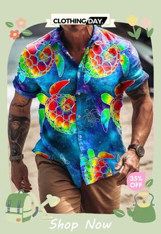 Men's Comfortable Lapel Loose Turtle Print Beach Shirt Turtle Print, Beach Shirt, Beach Shirts, Women's Top, T Shirt, Color