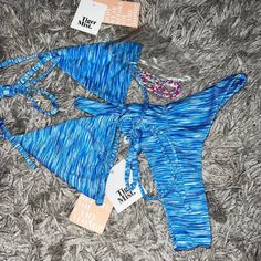 Brand New With Tags Top:S Bottoms:Xs Blue Spaced Dyed Triangle Bikini Halter Neck Tie Adjustable Underbust Gathering Filly Lined Beaded Chain Included For Multiwear & Cheeky High Cut Bikini Bottom Fully Lined Blue Space, Tiger Mist, High Cut, Beaded Chain, Halter Neck, Neck Tie, Mist, Chain, Tags