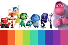 there are many cartoon characters standing together in front of a rainbow colored background with space for text