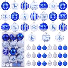 blue and white christmas ornaments are arranged in rows