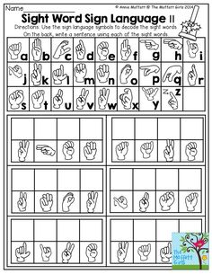 the sight word sign language worksheet is shown in black and white, with hand symbols