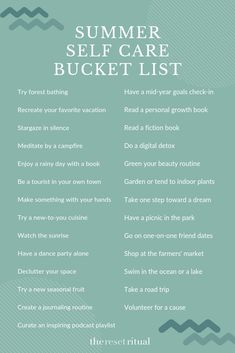 the summer self care bucket list is shown in blue and green with white text on it