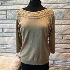 This Beautiful Sweater Is New With Tags. It Has A Gold Shimmer Throughout The Entire Sweater And Would Look Great For A Holiday Event Or During The Summer With White Jeans, So It Can Be Worn Practically Anytime Anywhere. It Is Made Out Of 65% Rayon, 26% Nylon, 9% Metallic. Fitted Gold Sweater For Spring, Fitted Gold Tops For Winter, Casual Gold Sweater For Spring, Beautiful Sweater, Gold Shimmer, Colorful Sweaters, Long Sleeve Sweater, White Jeans, Scoop Neck