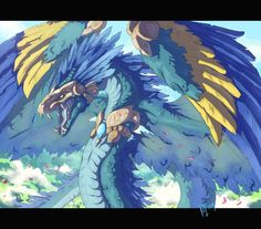 a blue and yellow dragon with large wings