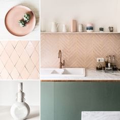 four different photos with white and pink accents in them, including a sink, counter top, shelves, and vases