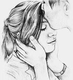 a pencil drawing of a man kissing a woman's face with her hand on her cheek