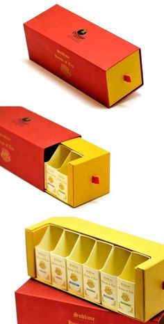 three red boxes with yellow labels on them and the bottom one has an open lid