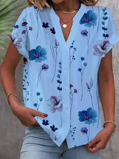 Buttoned Floral Printed Loose Casual Blouse | zolucky Clothes For Women Over 50, Long Midi Dress, Floral Print Shirt, Loose Blouse, Clothes Ideas, Pocket Dress, Womens Tunics, Linen Women, Casual Blouse