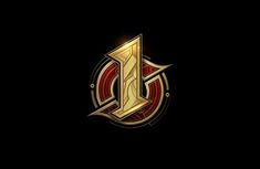 the letter j in gold and red on a black background, with an abstract design