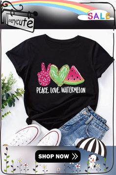 Summer Women T Shirt Cotton Versatile Peace Love Watermelon Print Graphic Tees Tops Short Sleeve O-neck Casual Oversized Tshirts Watermelon Graphic Print T-shirt For Summer, Casual Watermelon Cotton Top, Casual Watermelon T-shirt With Graphic Print, Casual Watermelon Colored Short Sleeve Top, Casual Watermelon Short Sleeve Top, Summer Fruit Print Crew Neck Top, Trendy Green Tops With Fruit Print, Watermelon Print, Tops Short Sleeve