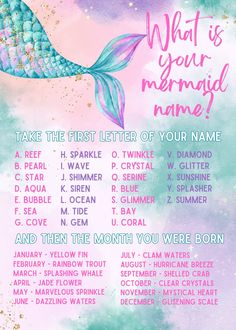 a mermaid party poster with the words what is your mermaid name?