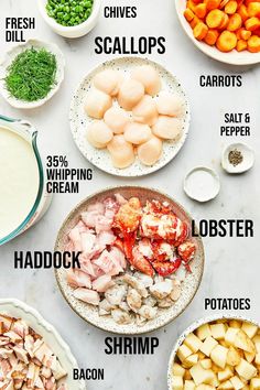 the ingredients to make this dish include shrimp, potatoes, carrots and scallops