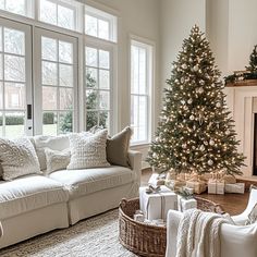 a living room filled with furniture and a christmas tree next to a fire place in front of a window