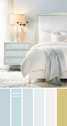 a bedroom with white bedding, blue and yellow colors