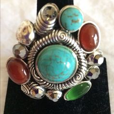 Silver Ring With Stones. Stretch Band, Fashion Jewelry Bohemian Multicolor Metal Rings, Bohemian Green Metal Rings, Multicolor Metal Bohemian Rings, Nickel-free Turquoise Metal Rings, Adjustable Multicolor Turquoise Ring, Band Fashion, Silver Rings With Stones, Stretch Band, Stretch Bands