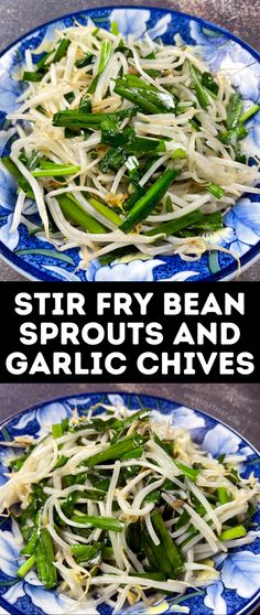 stir fry bean sprouts and garlic chives on two plates with text overlay