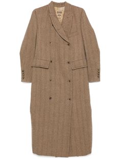 camel brown virgin wool herringbone pattern double-breasted button fastening peak lapels long sleeves chest welt pocket two side flap pockets knife-pleat design straight hem long length Herringbone Coat, Knife Pleat, Wardrobe Edit, Yoko London, Herringbone Pattern, Exclusive Fashion, Outerwear Coats, Lady Dior, Outerwear Women