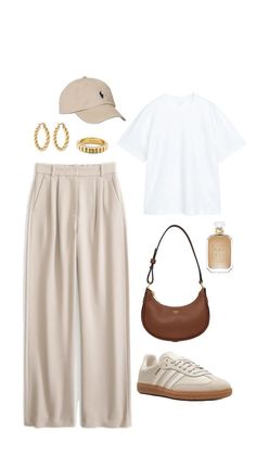 Beige Shoes Outfits Women, Brown Cap Outfits For Women, Outfits With Beige Shoes, How To Wear Beige Pants, T Shirt And Pants Outfits, Outfit With Cap For Women Casual, Beige Samba Outfit, Beige On Beige Outfit, Ralph Lauren Cap Outfit