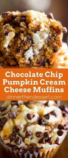 chocolate chip pumpkin cream cheese muffins are stacked on top of each other