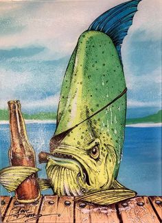 a painting of a fish with a beer bottle on a wooden table next to it