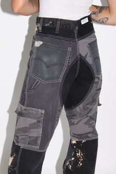 UPCYCLED DENIM CARGO PANT Patchwork style Side Cargo Pocketing w/ Flaps Zip Fly Black Denim Bottoms With Hip Pockets, Black Denim Pants With Hip Pockets, Black Denim Cargo Pants With Hip Pockets, Black Denim Jeans With Patch Pockets, Black Denim Cargo Jeans With Hip Pockets, Fitted Black Denim Cargo Pants, Urban Black Jeans With Patch Pockets, Black Recycled Denim Jeans With Five Pockets, Black Jeans With Five Pockets In Recycled Denim