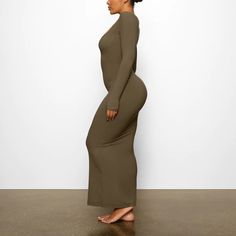 Soft Lounge Long Sleeve Dress - Army | SKIMS Fitted Loungewear Dress In Solid Color, Solid Color Fitted Dress For Loungewear, Fitted Solid Color Loungewear Dress, Fitted Solid Longline Maxi Dress, Fitted Longline Maxi Dress, Fitted Longline Solid Maxi Dress, Fitted Solid Color Longline Maxi Dress, Solid Color Square Neck Elastane Dress, Fitted Full Length Loungewear Dresses