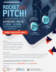 a flyer for the rocket pitch event with an image of a man holding a microphone